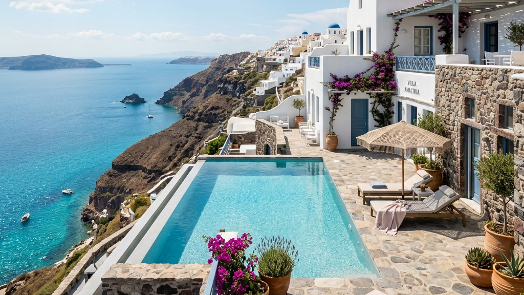 Infinity pool and sun loungers at a white-walled villa on a coastal cliff with sea view